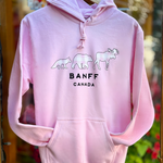 Pink hoodie with 'Banff Canada' text and moose graphics on a hanger against a blurred floral background.