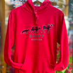 Red hoodie with bear, buffalo, and moose design and 'Banff Canada' text on a hanger.