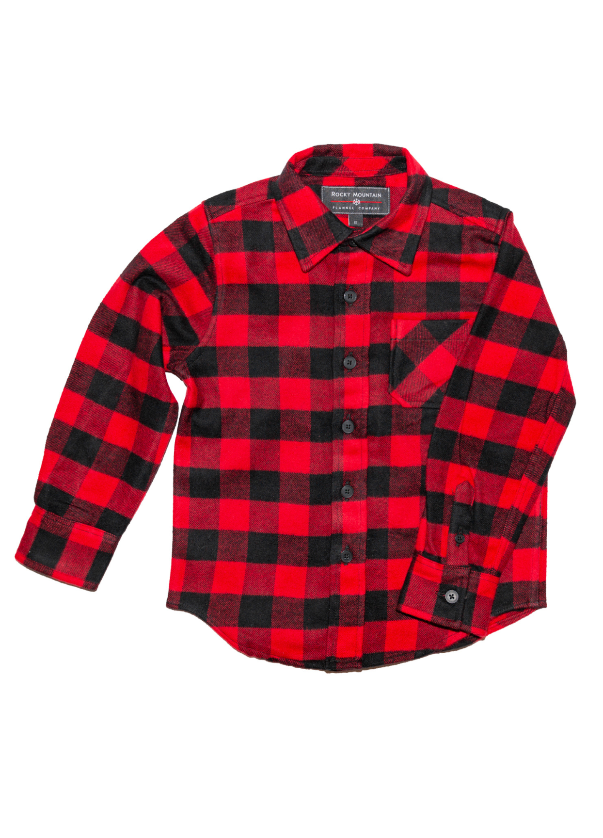 Youth red and black buffalo check flannel shirt with a single pocket and single button cuff.