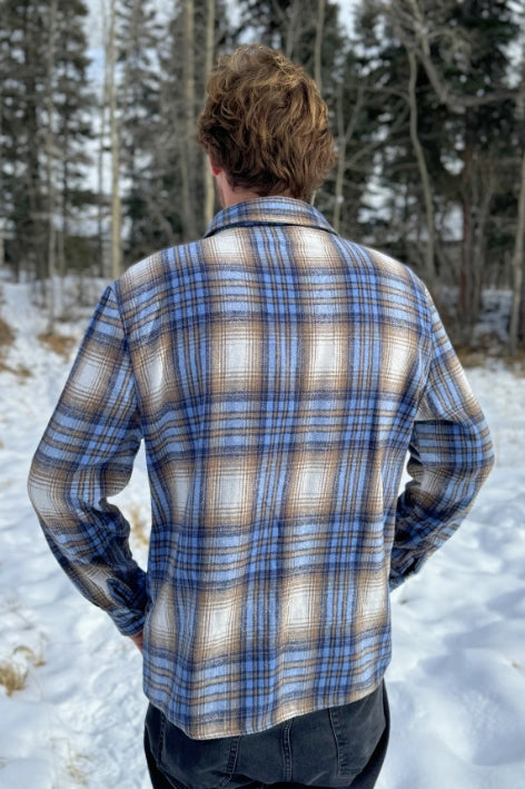 Back view of Brush Flannel Shacket / Blue & Sand Plaid. Heavier weight. Long line for jacket style.