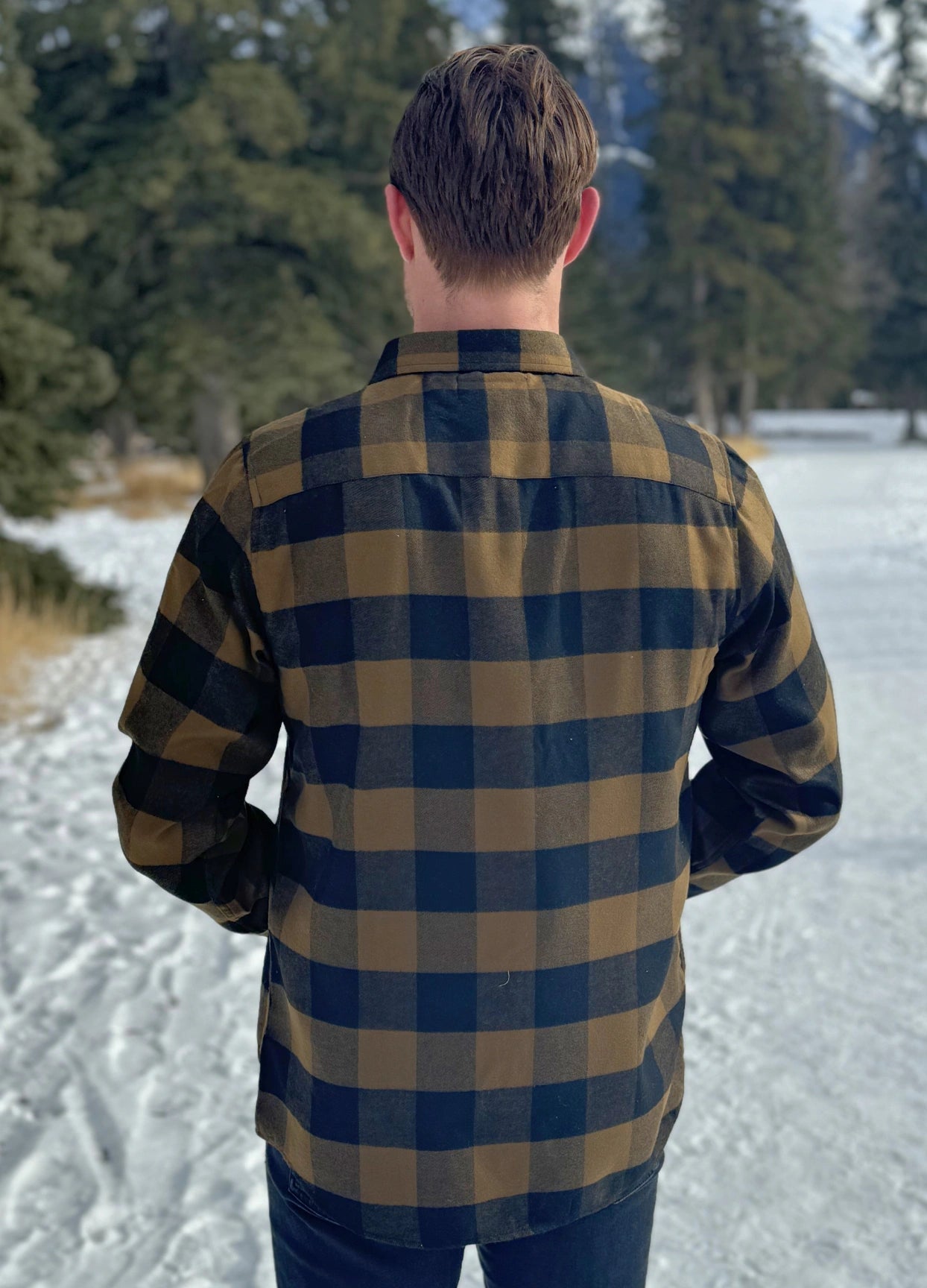 Back view of Mens Black and Brown Buffalo Check flannel shirt