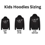 Sizing chart for kids hoodies with black hoodies and text labels.