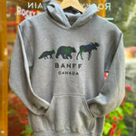 Kids grey hoodie with bear and moose design and 'Banff Canada' text on a hanger.