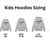 Size chart for kids hoodies with grey hoodies and size labels.