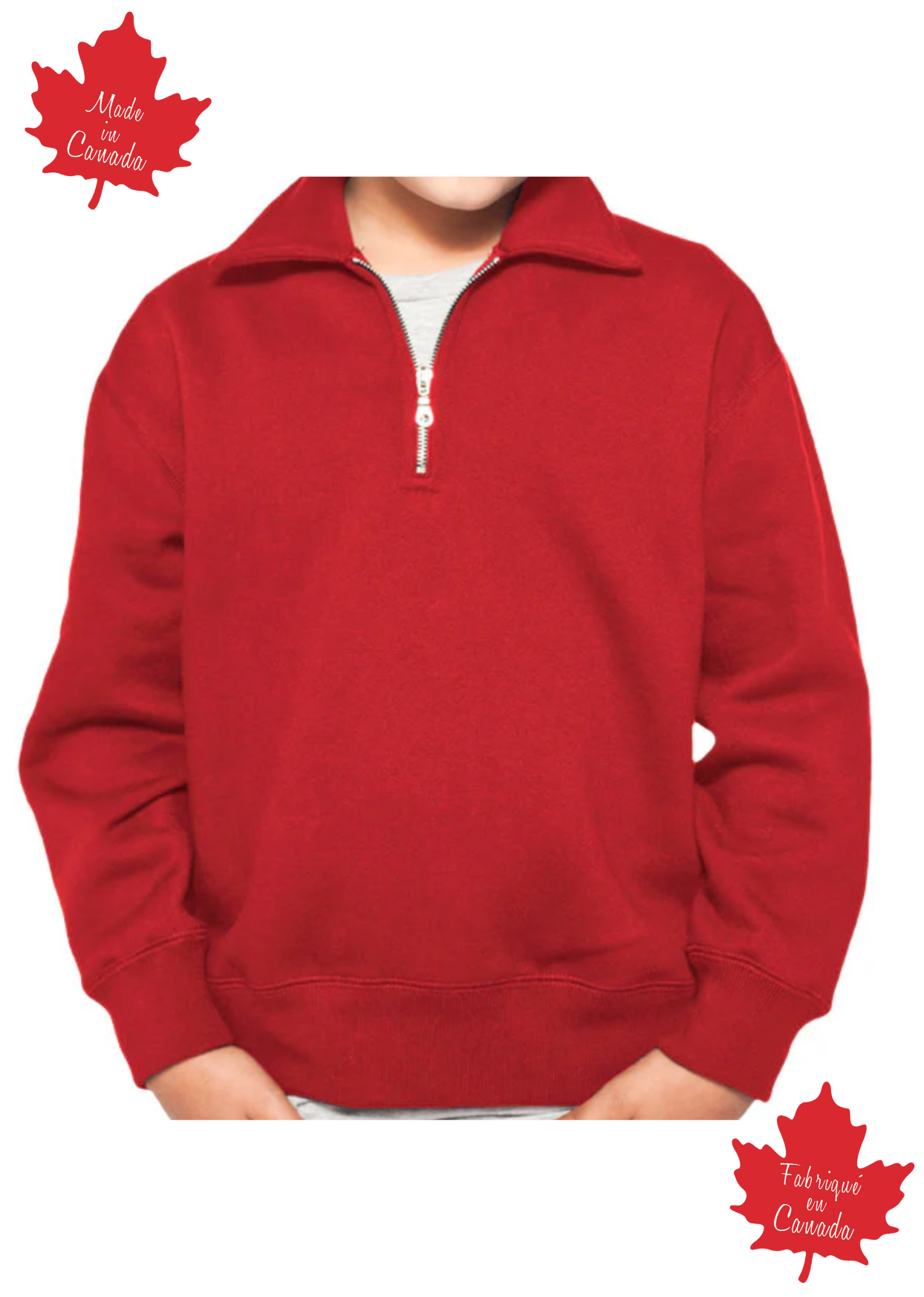 A red kids' unisex polo shirt with a half zipper, collar, and long sleeves, displayed against a white background with a watermark depicting a maple leaf.