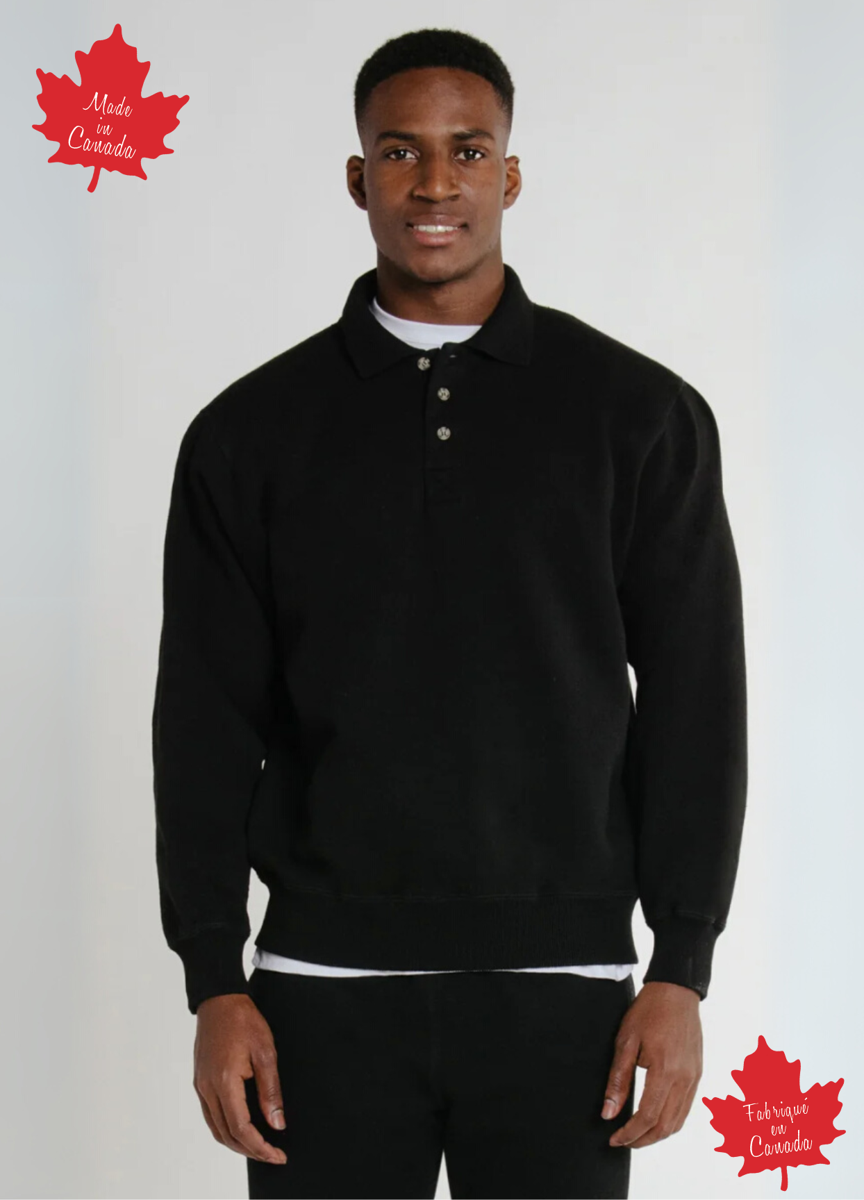 Man wearing a black sweater with 'Made in Canada' and 'Furiously Canadian' text on a white background