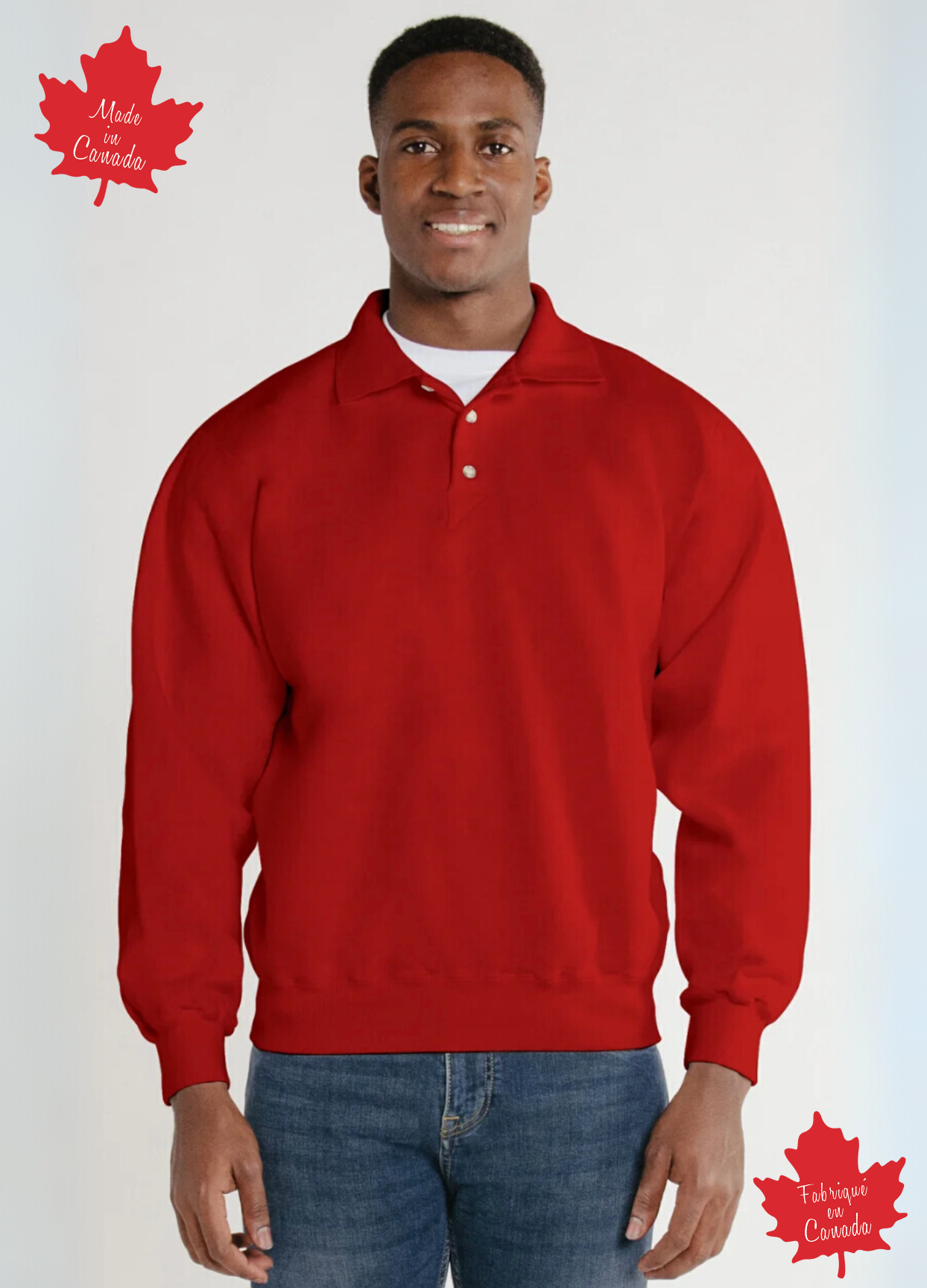 Man wearing a red 3 button polo sweatshirt with 'Made in Canada' label on a white background