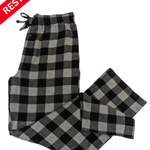 Black and gray checkered pajama pants with a 'Restocked' label on a white background