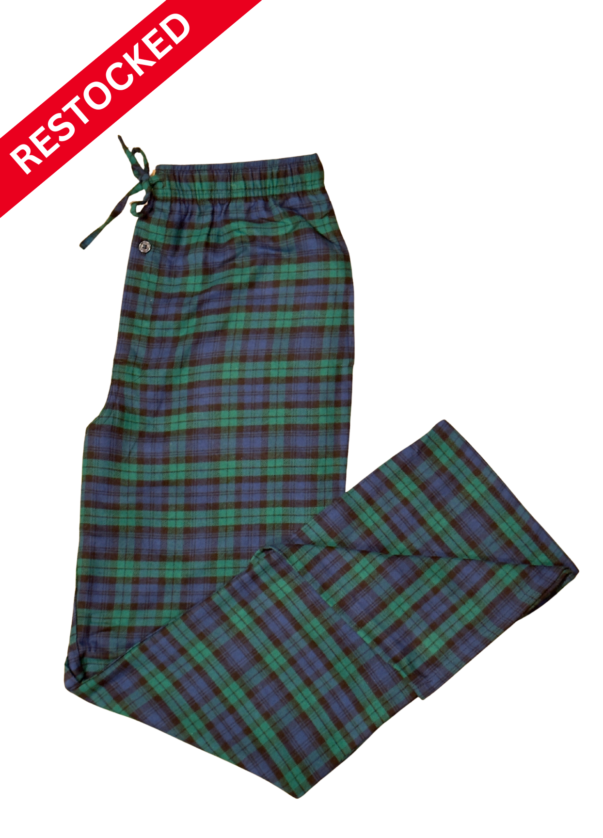 Plaid pants on a white background with 'RESTOCKED' label at the top left corner.