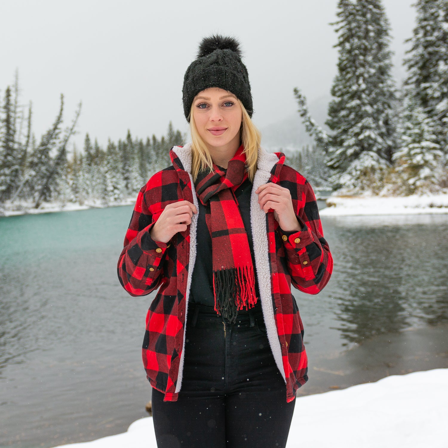 Flannel Sherpa Hooded Jacket in Red and Black Large Buffalo Check