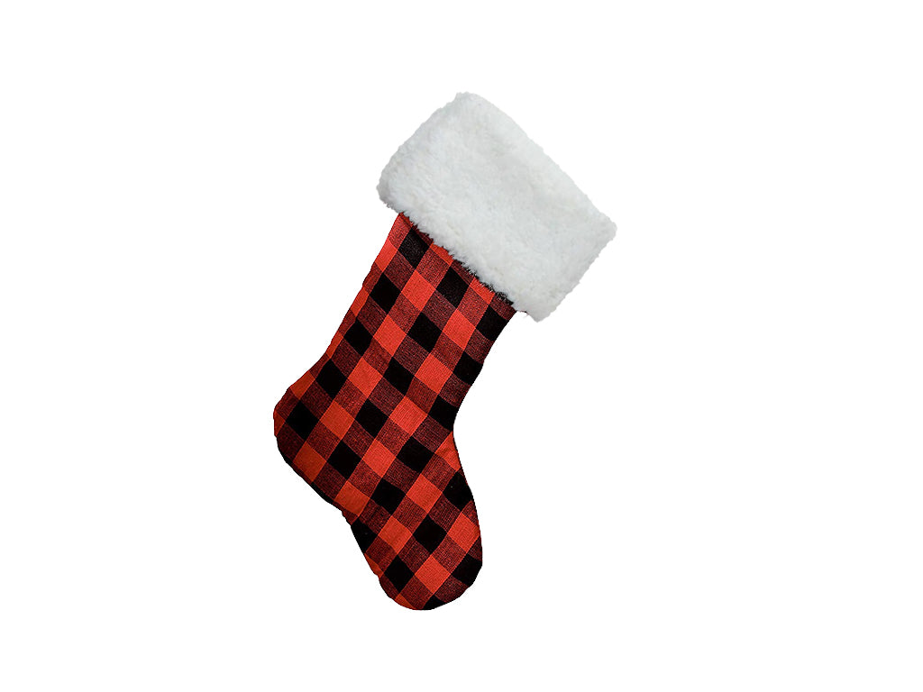 Red Black Buffalo Check with White Fur Christmas Stocking