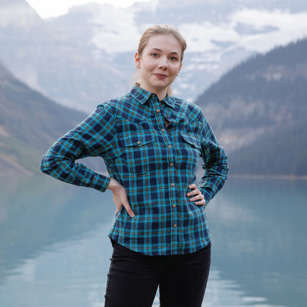 612 Woman's Snap Flannel Shirt in Turquoise Navy with Yellow