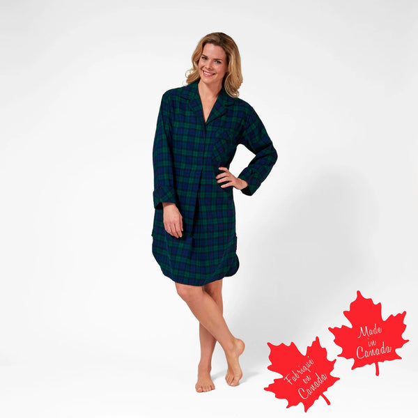 1001/ Woman's Knee Length Flannel Nightshirt / Black Watch Tartan Made In Canada