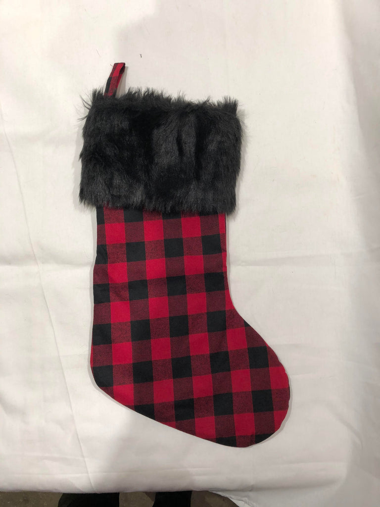 Red Black Buffalo Check with Black Fur Christmas Stocking