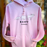 Pink hoodie with 'Banff Canada' text and moose graphics on a hanger against a blurred floral background.