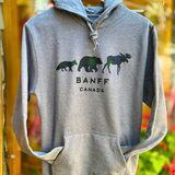Grey hoodie with 3 Canadian Animals design and 'Banff Canada' text on a hanger.