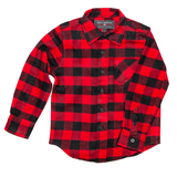 Youth red and black buffalo check flannel shirt with a single pocket and single button cuff.