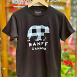 Black t-shirt with a bear graphic and 'Banff Canada' text on a hanger.