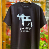 Black t-shirt with moose graphic and 'Banff Canada' text on a hanger.