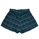 Back view of black watch shorts laid flat on white background.