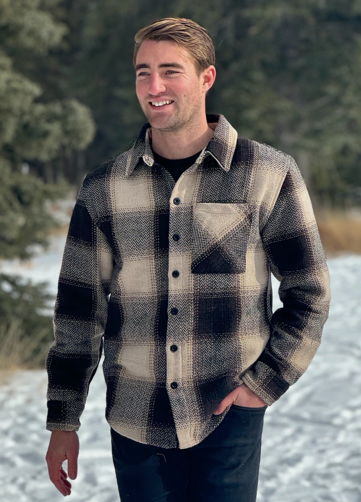 Jacket contains 5% Wool / 95% Polyester.
Herringbone weave of thick yarns. Single breast pocket. 2 button cuff. Longer length for men. Gender neutral. 