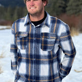 Brush Flannel Shacket in Blue & Caramel Plaid. 75% polyester, 25% cotton. 2 breast pocket.