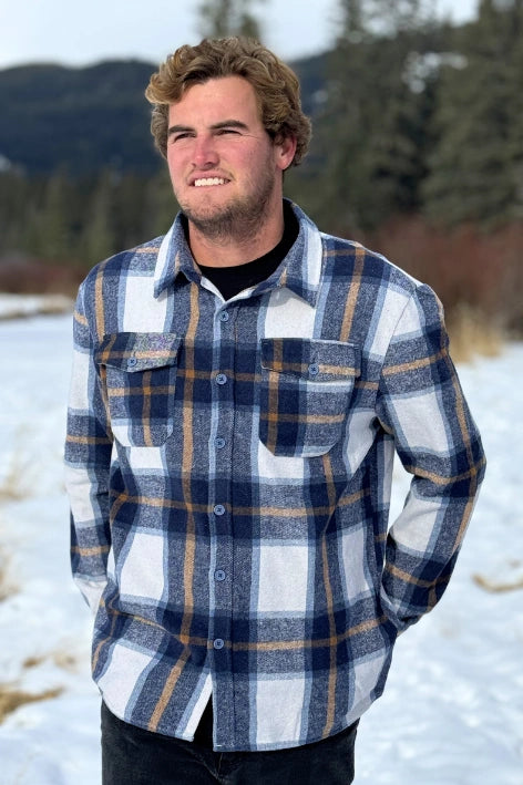 Brush Flannel Shacket in Blue & Caramel Plaid. 75% polyester, 25% cotton. 2 breast pocket.