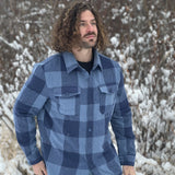 Brush Flannel Shacket / Navy & Blue Large Buffalo Check in the snow.