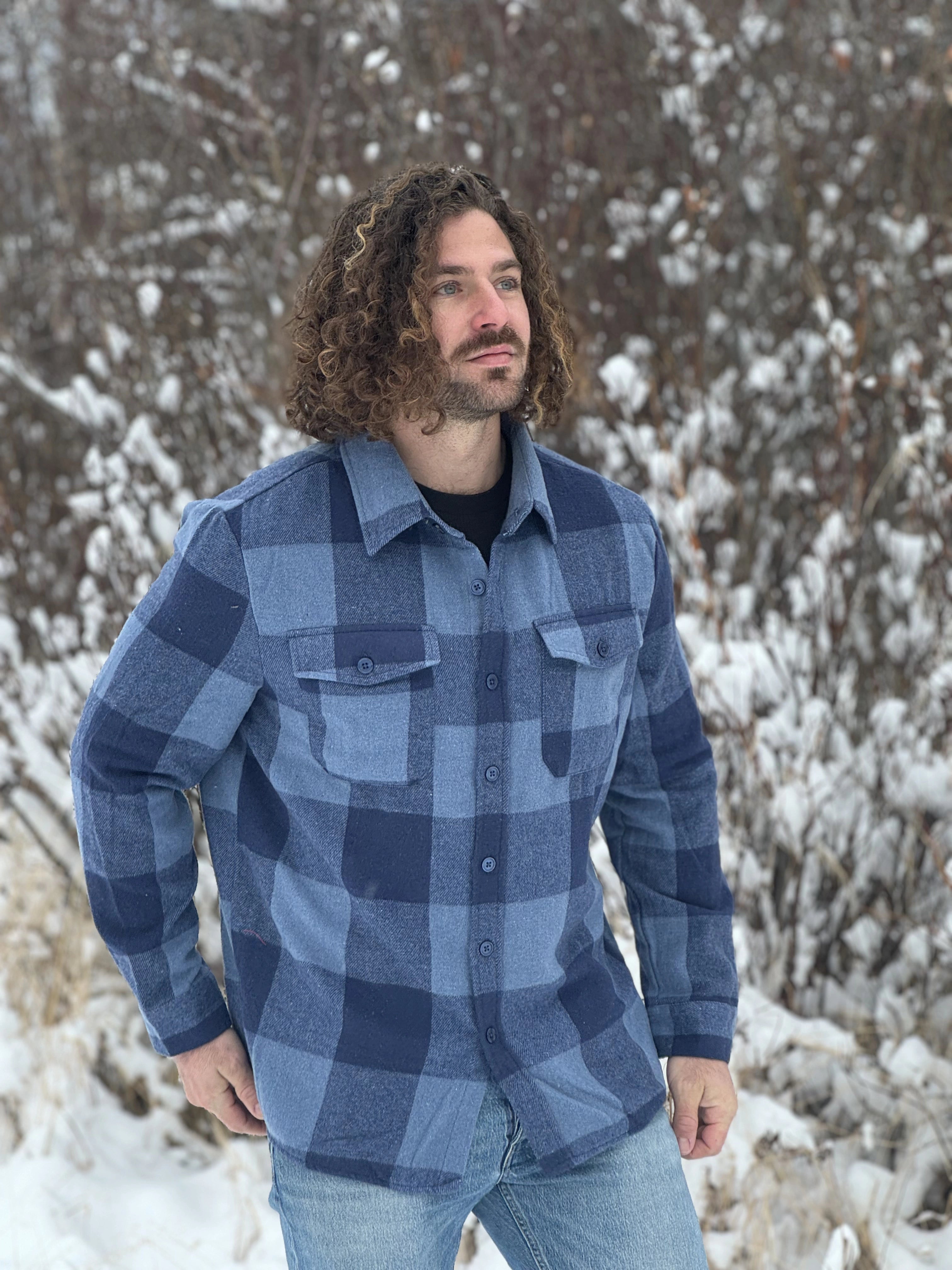 Brush Flannel Shacket / Navy & Blue Large Buffalo Check in the snow.