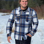 Brush Flannel Shacket in Blue & Caramel Plaid. 75% polyester, 25% cotton. 2 breast pocket.