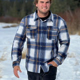 Brush Flannel Shacket in Blue & Caramel Plaid. 75% polyester, 25% cotton. 2 breast pocket.