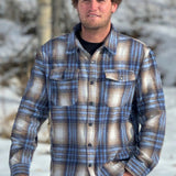 Brush Flannel Shacket in Blue & Sand Plaid. 75% polyester and 25% cotton. Brushed on both sides for that flannel feel. 2 breast pockets. Gender neutral. 