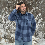 Blue flannel shacket, 75% polyester and 25% cotton