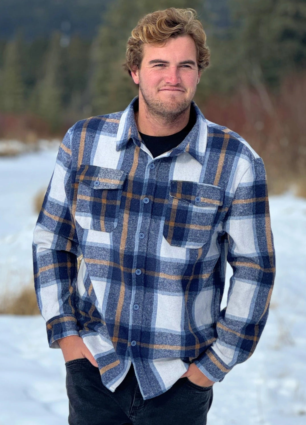 Brush Flannel Shacket in  Blue & Caramel Plaid. 75% Polyester, 25% cotton. 2 breast pockets.