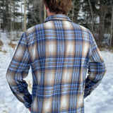 Back view of Brush Flannel Shacket /  Blue & Sand Plaid. Heavier weight. Long line for jacket style.