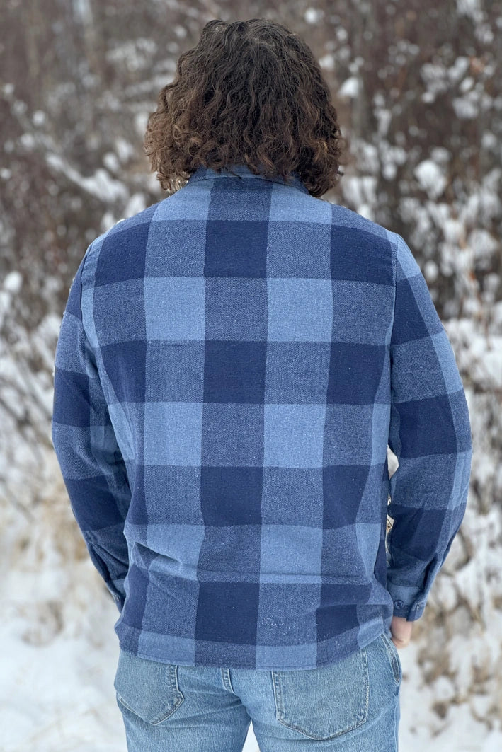 Back view of the Brush Flannel Shacket /  Navy & Blue Large Buffalo Check