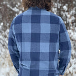 Back view of the Brush Flannel Shacket /  Navy & Blue Large Buffalo Check