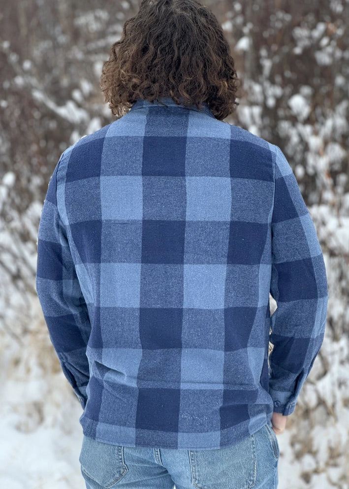 Back view of the Brush Flannel Shacket /  Navy & Blue Large Buffalo Check