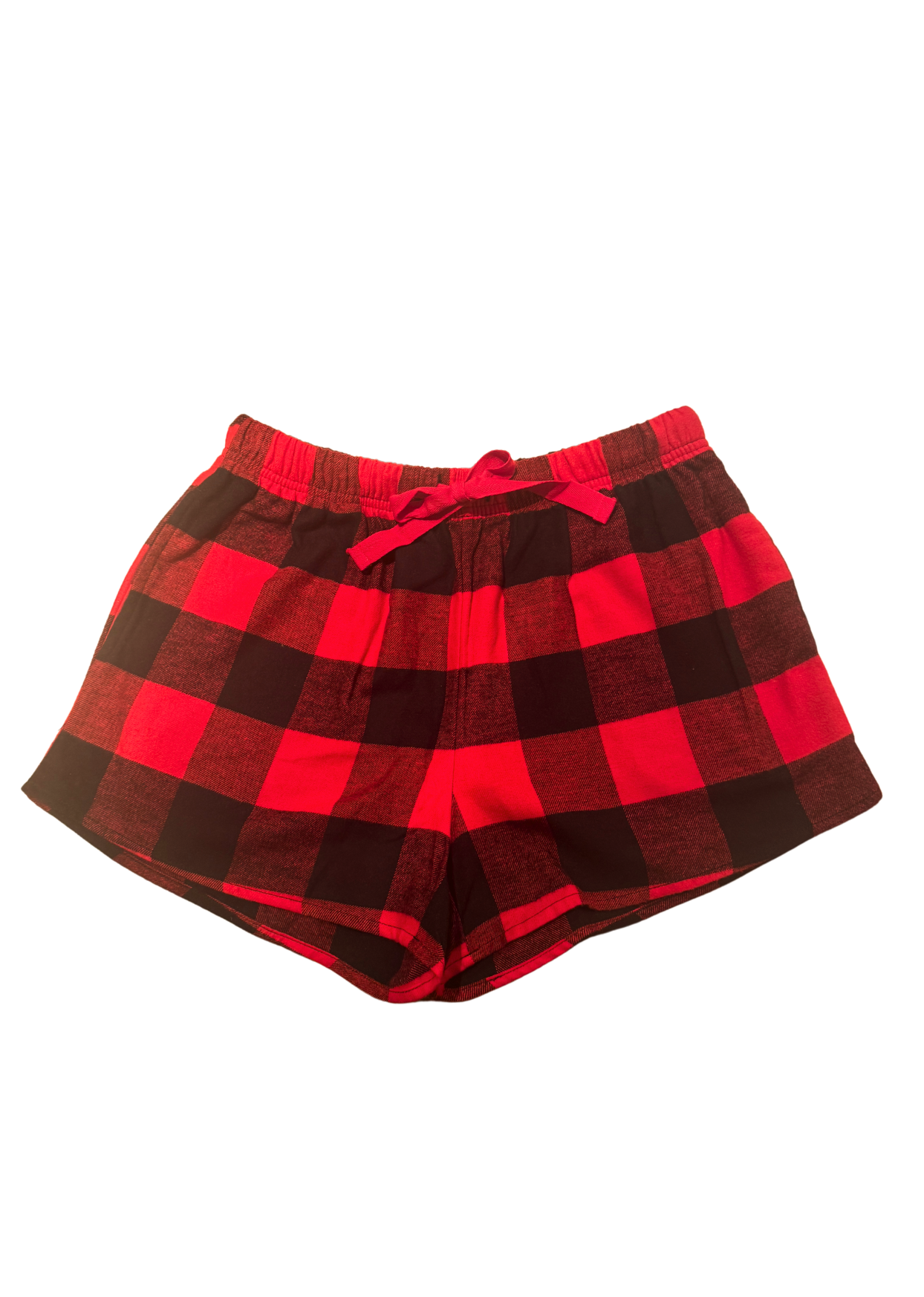 Flat layed shorts photoshoot style. Canadian Classic Red Black Buffalo Check Shorts