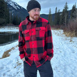 Canadian classic cozy jacket in red and black buffalo check.