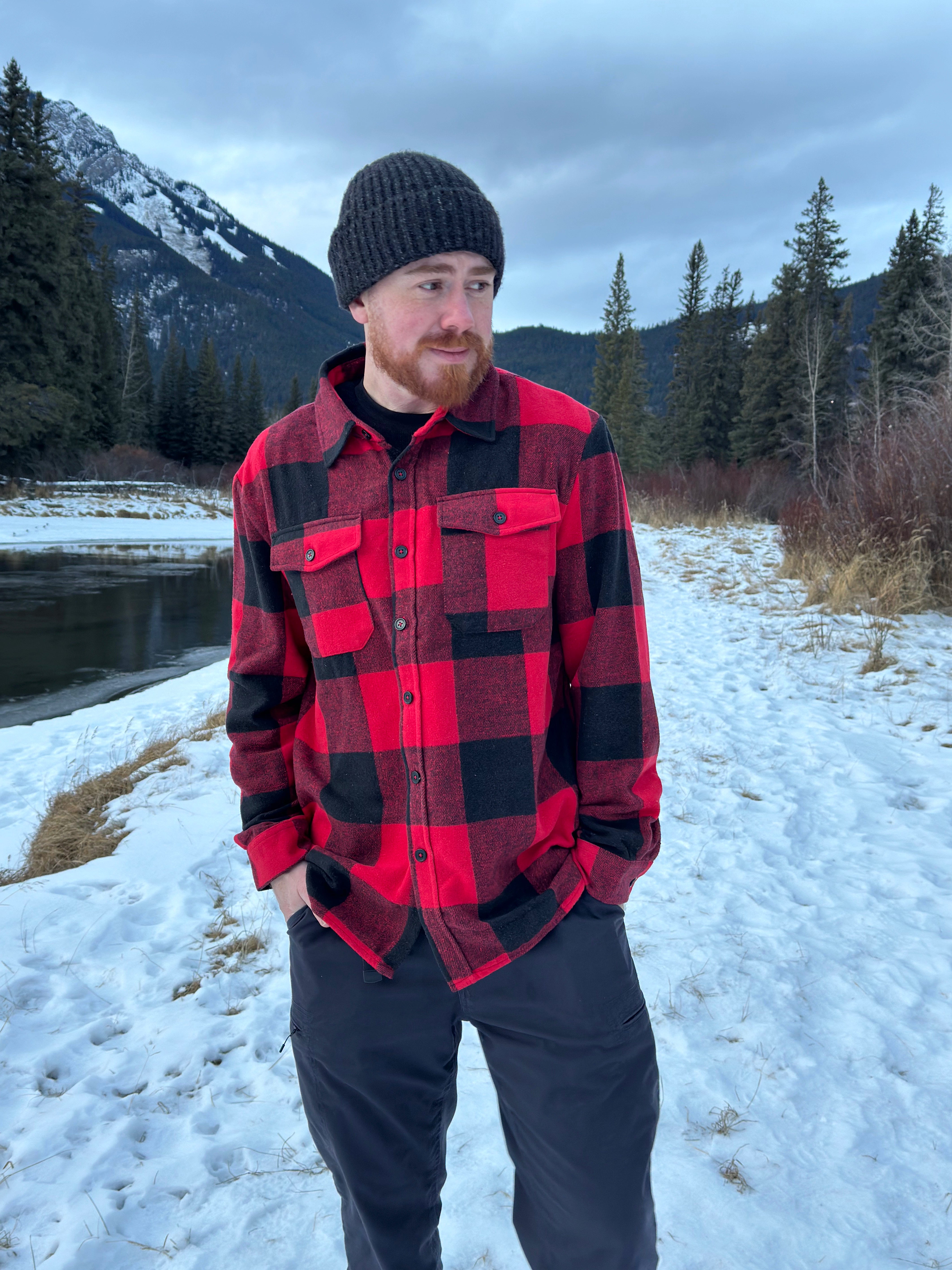 Canadian classic cozy jacket in red and black buffalo check.