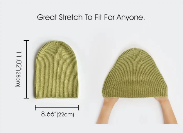 CashWool Fold Over Beanie with measurements on a white background 