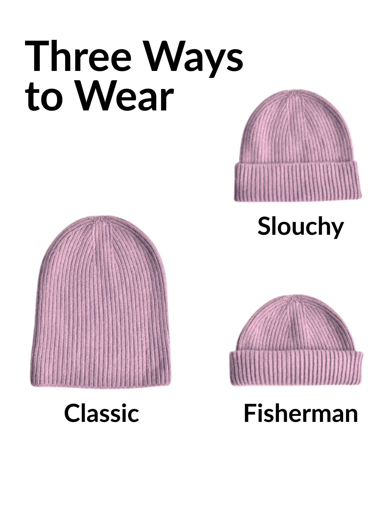 Three ways to wear a beanie on a white background