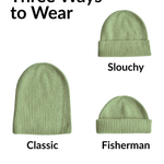 Olive CashWool Fold Over Beanie shown in three styles with text labels on a white background
