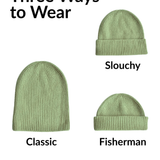 Olive CashWool Fold Over Beanie shown in three styles with text labels on a white background