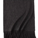 A dark charcoal gray folded scarf with fringed edges, displayed against a solid white background.
