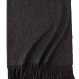 A dark charcoal gray folded scarf with fringed edges, displayed against a solid white background.
