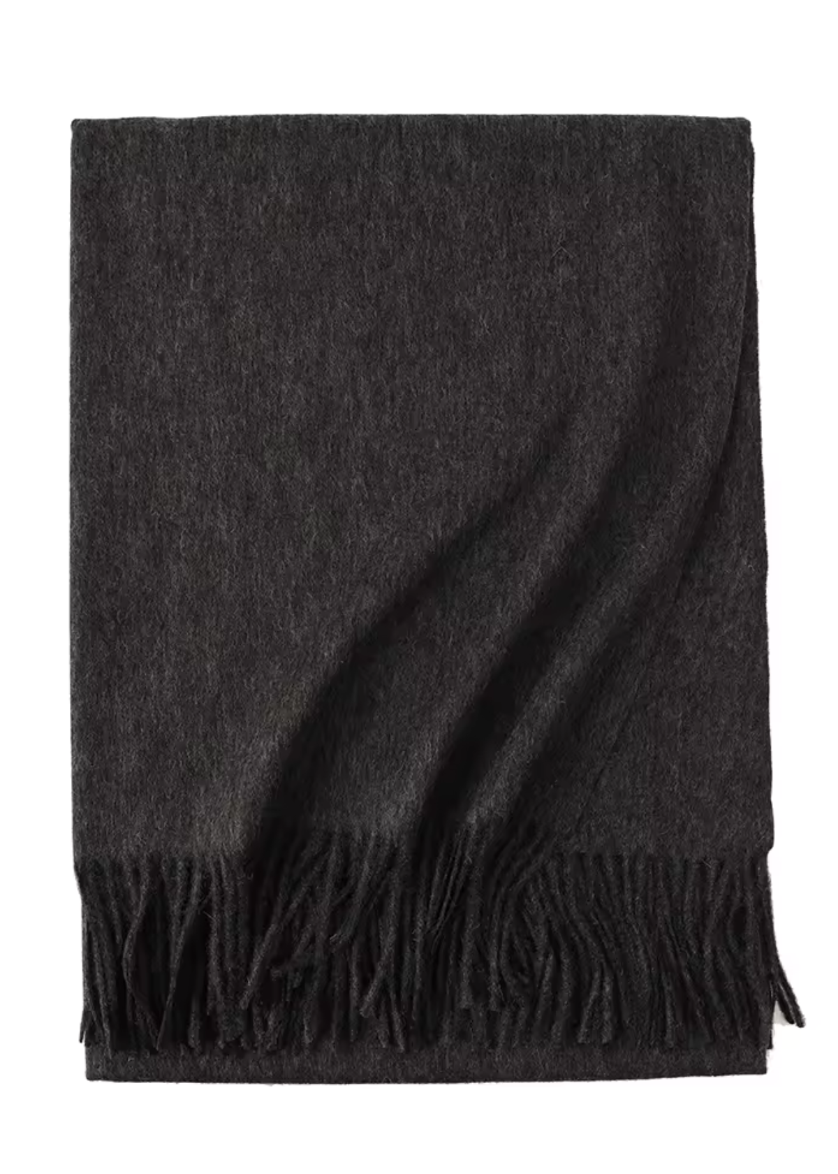 A dark charcoal gray folded scarf with fringed edges, displayed against a solid white background.