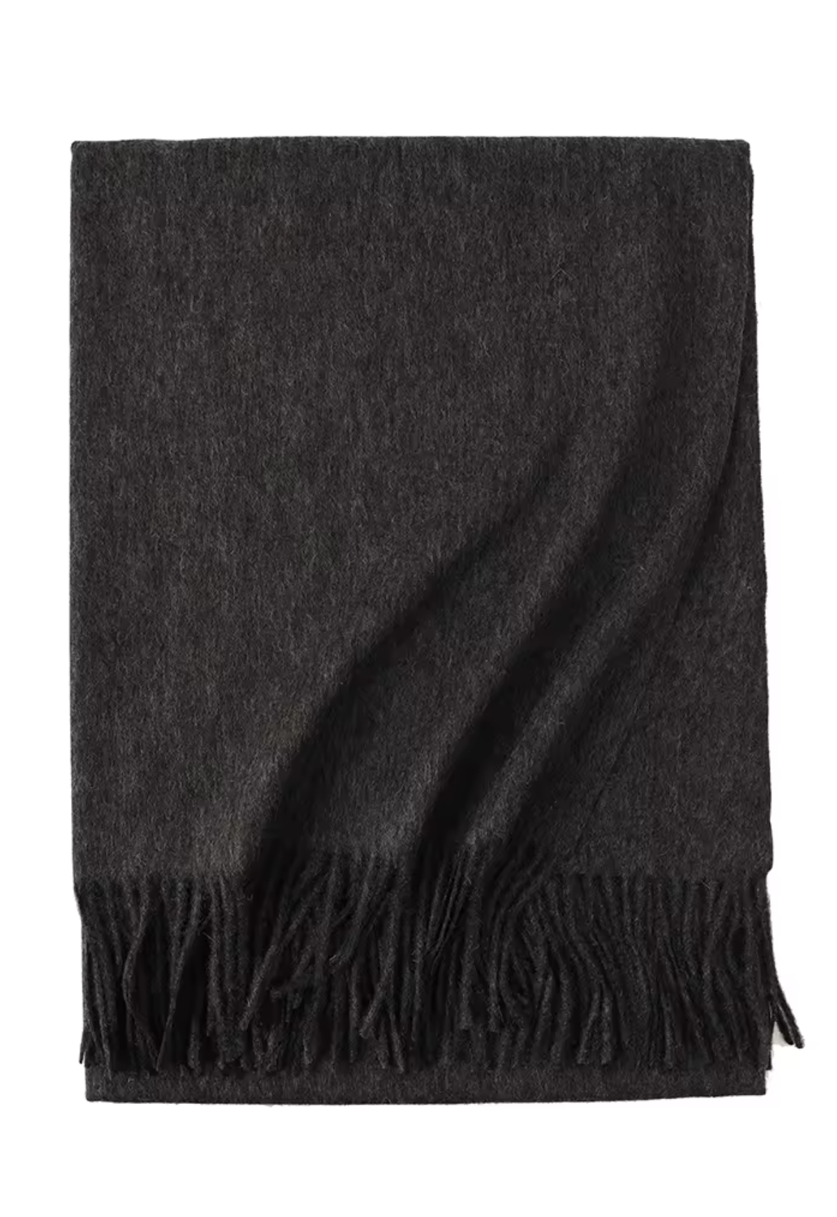 A dark charcoal gray folded scarf with fringed edges, displayed against a solid white background.