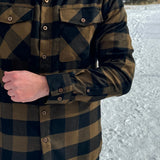A man wearing a black and brown buffalo check flannel shirt with two flap breast pockets and two button cuff.